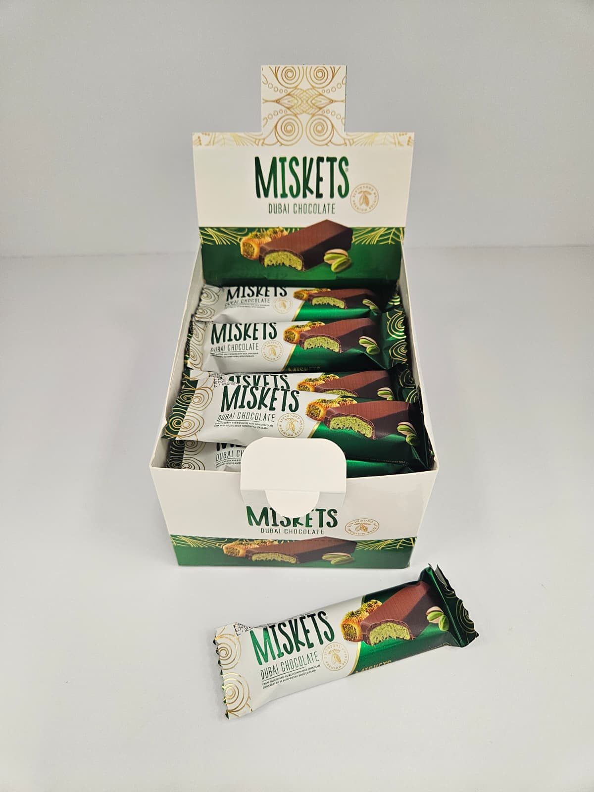 DUBAI CHOCOLATE MISKETS BAR 25GMS 24PCS/BOX (NO RETURN)